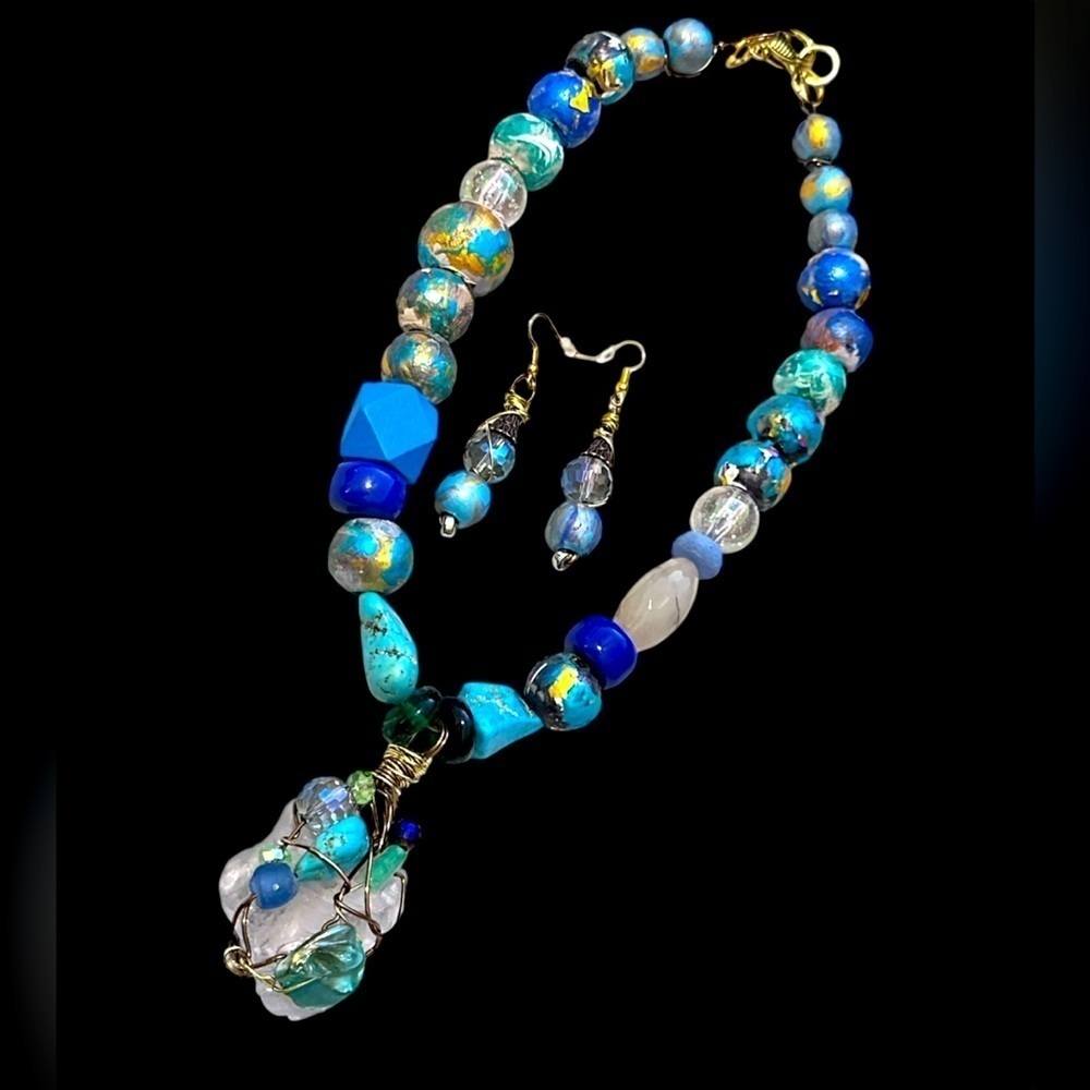 RUBYRUDI Artisan Up Cycled Pendant Necklace, Earring Set Hand Painted VTG Beads